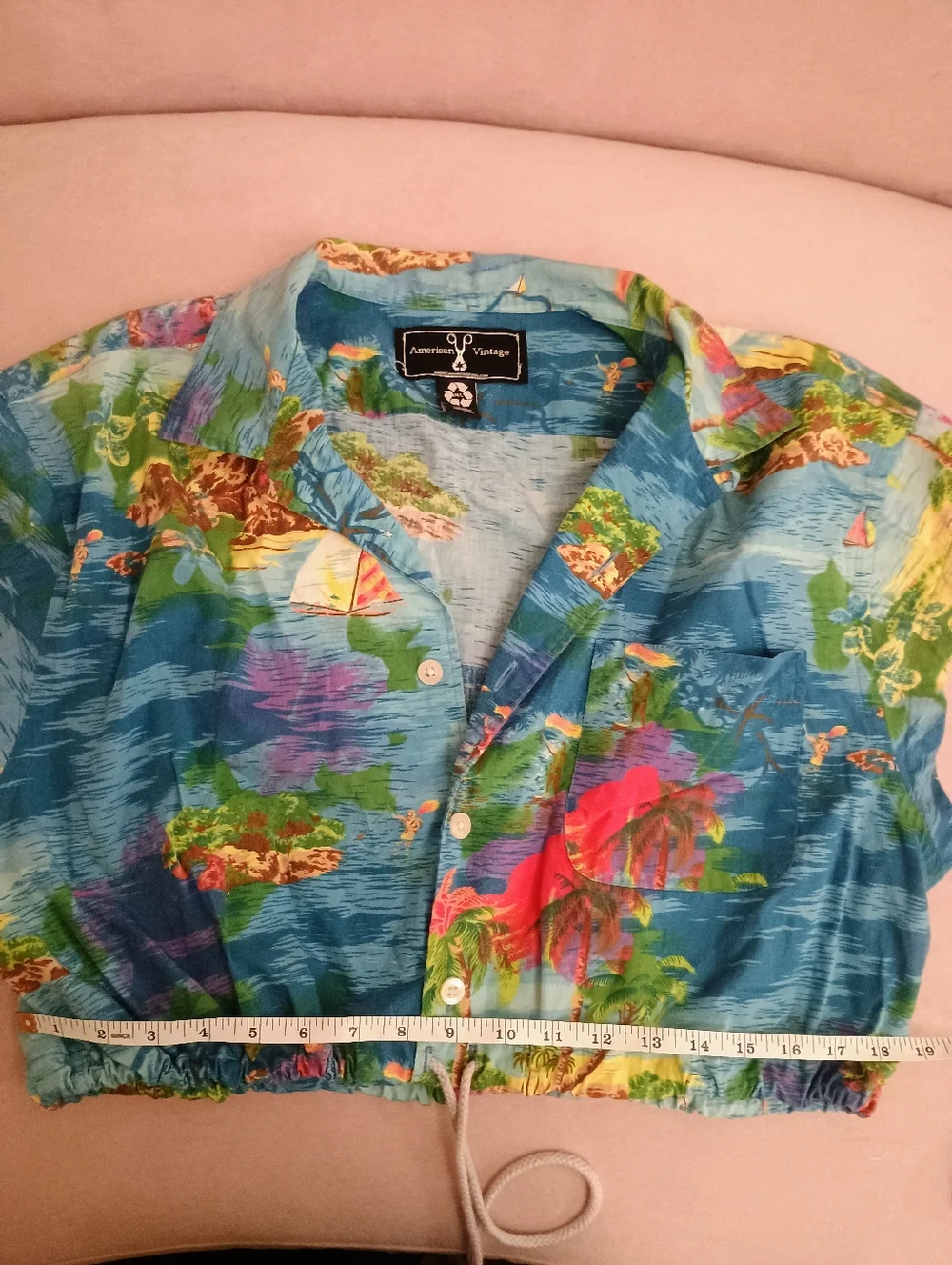 American Vintage Blue Tropical Print Cropped Button-Up - Picture 2 of 4